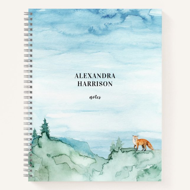 Watercolor Landscape Cute Fox Woodland Nature Notebook (Front)