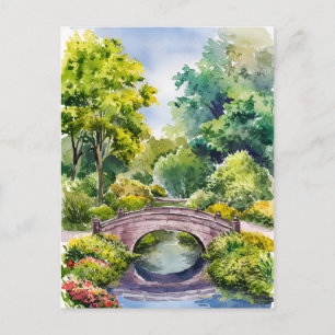Watercolor landscape green garden bridge lake postcard