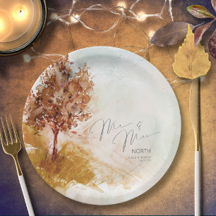 Watercolor Landscape Mr & Mrs Autumn Gold ID786 Paper Plate