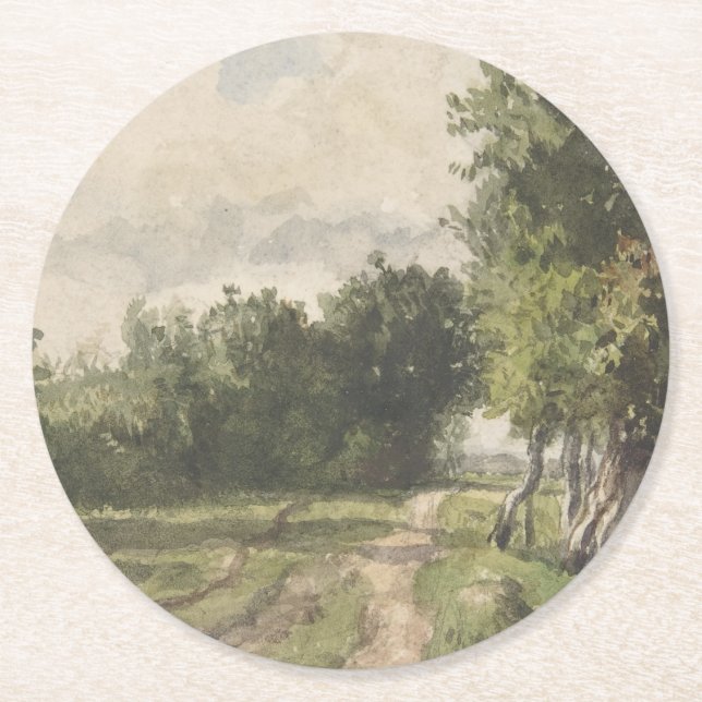 Watercolor Landscape of Path - Constant Troyon Round Paper Coaster (Front)