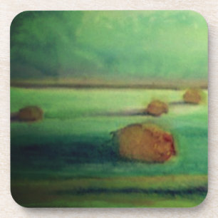 Watercolor landscape painting green meadow coaster