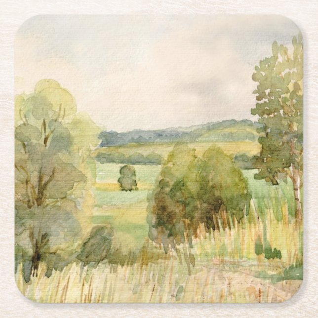 Watercolor Landscape Square Paper Coaster (Front)