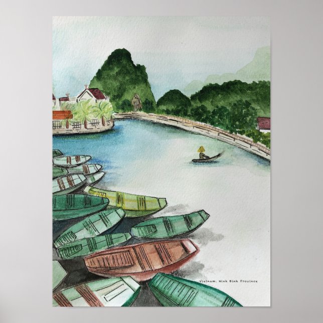 Watercolor landscape, Vietnam, Tam Coc Poster (Front)