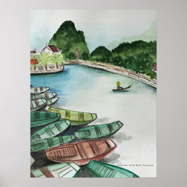 Watercolor landscape, Vietnam, Tam Coc Poster Flye (Front)
