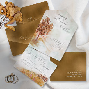Watercolor Landscape Wedding All Autumn Gold ID786 In One Invitation