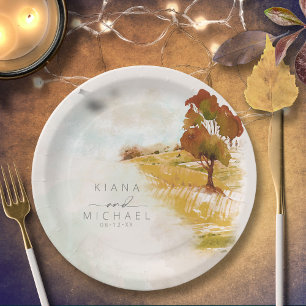 Watercolor Landscape Wedding Autumn Gold ID786 Paper Plate