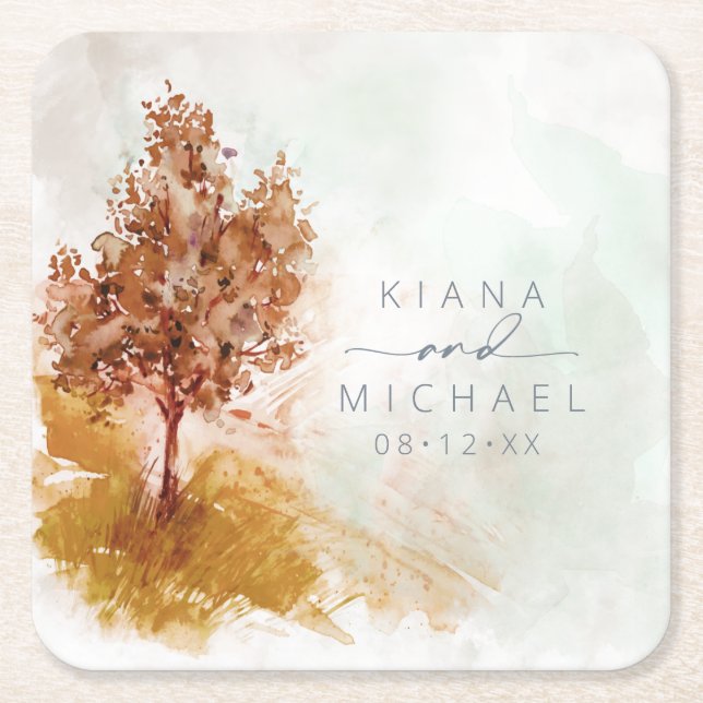 Watercolor Landscape Wedding Autumn Gold ID786 Square Paper Coaster (Front)