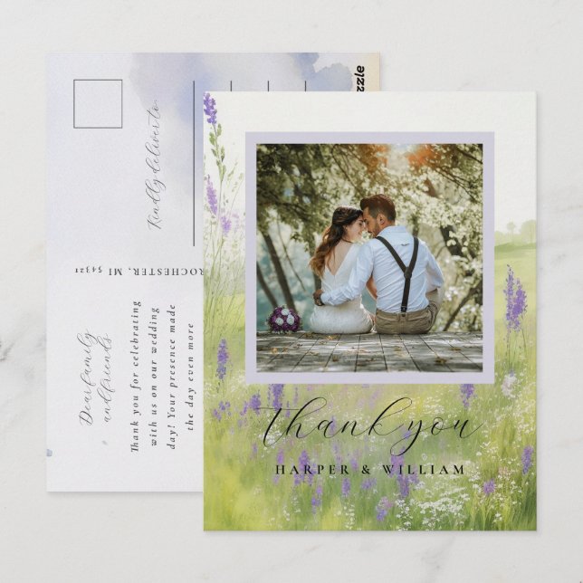 watercolor landscape wedding photo thank you postcard (Front/Back)