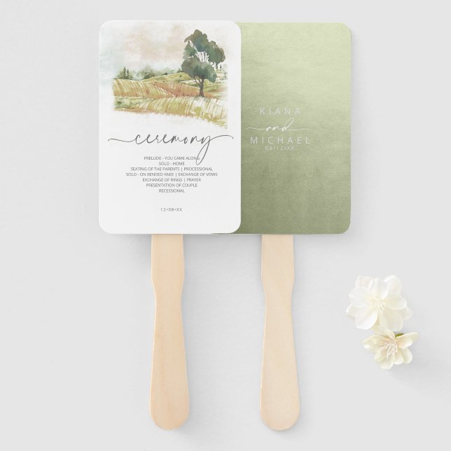 Watercolor Landscape Wedding Sage Green ID786 Hand Fan (Front and Back)