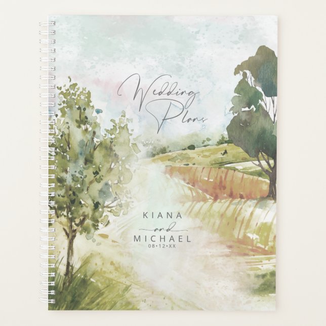 Watercolor Landscape Wedding Sage Green ID786 Planner (Front)