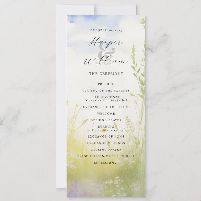 Watercolor landscape wildflowers wedding program invitation (Front)