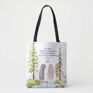 Watercolor Landscape with 2 Girls Custom Message Tote Bag