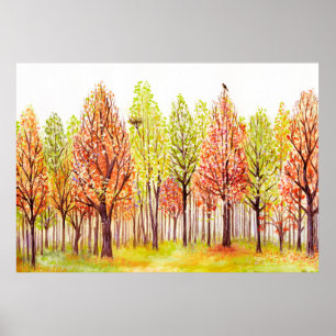 Watercolor landscape with autumn trees poster