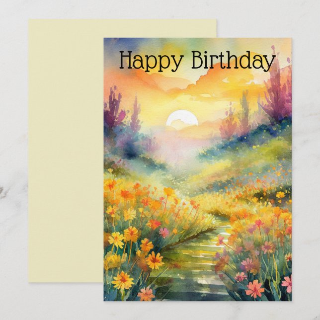 Watercolor Landscape with Buttercups and Sunset Holiday Card (Front/Back)