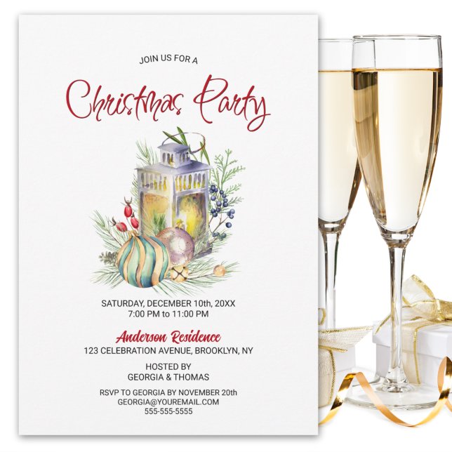 Watercolor Lantern and Baubles Christmas Party Invitation (Creator Uploaded)