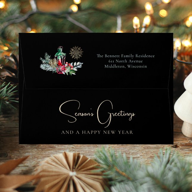 Watercolor Lantern Foliage Modern Script Christmas Envelope (Creator Uploaded)