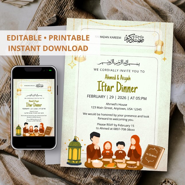Watercolor Lantern & Quran Night Design Iftar Invitation (Creator Uploaded)