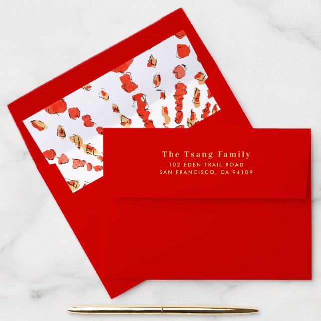 Watercolor Lanterns Chinese Lunar New Year Red Envelope (Bright red with yellow text return address envelope with Chinese lunar new year lanterns liner.)
