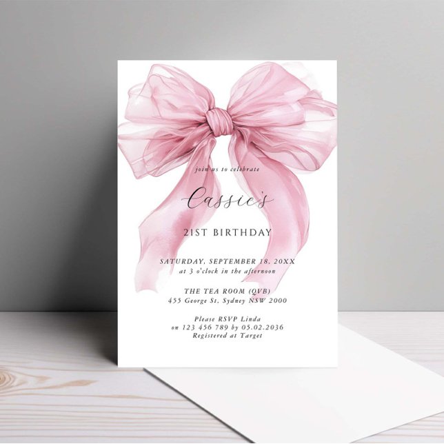 Watercolor Large Pink Bow Ribbon 21st Birthday Invitation (Creator Uploaded)