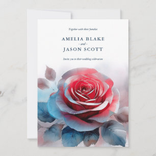 Watercolor Large Red Rose Bluish Tones Wedding Invitation