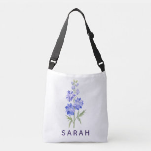 Watercolor Larkspur royalty Custom Name Crossbody Bag