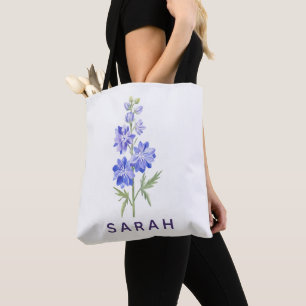 Watercolor Larkspur royalty Custom Name Tote Bag