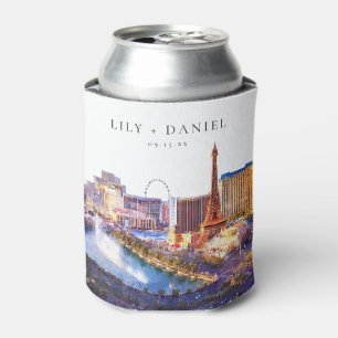 Watercolor Las Vegas Skyline Wedding Can Cooler
