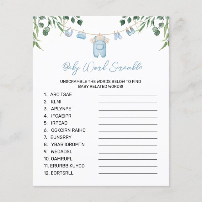 Watercolor Laundry Blue Word Scramble Game (Front)