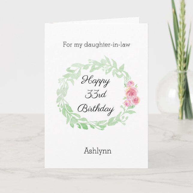 Watercolor Laurel and Pink Flowers 33rd Birthday Card (Front)