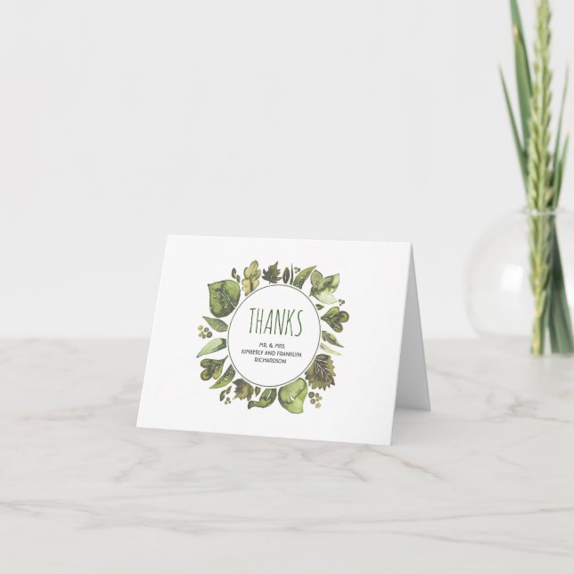 Watercolor Laurel Greenery Wedding Thank You Card (Front)