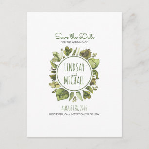 Watercolor Laurel - Greenery Wreath Save the Date Announcement Postcard