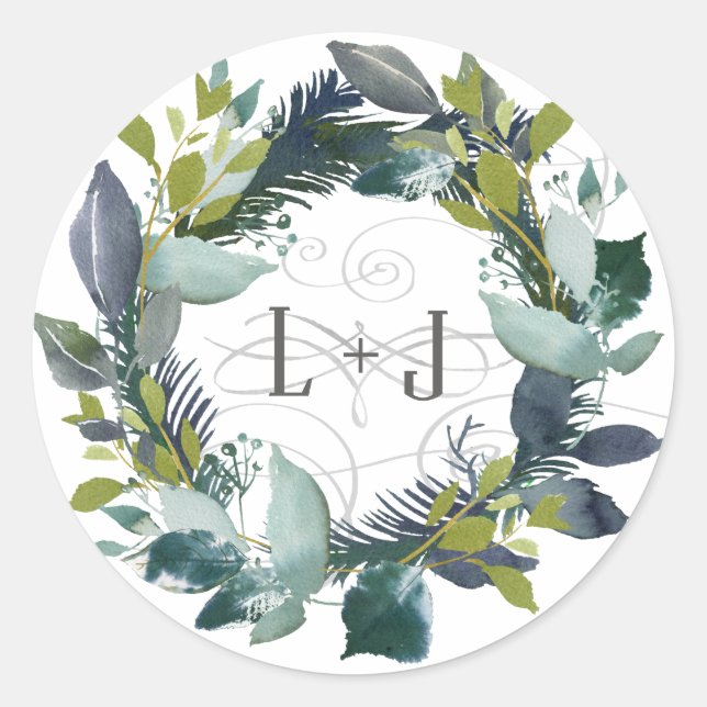 Watercolor Laurel Wreath Couples Monogram Initials Classic Round Sticker (Front)