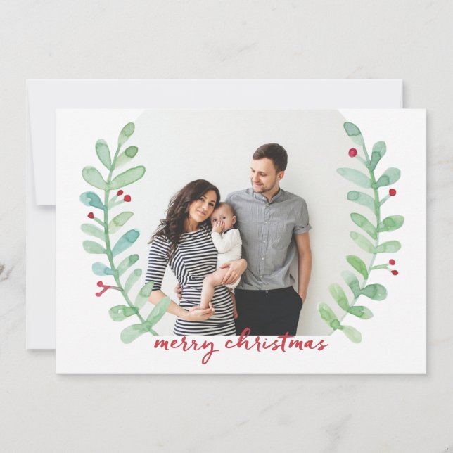 Watercolor Laurel Wreath Merry Christmas Photo Holiday Card (Front)
