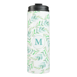 Watercolor Laurels Greenery with Initial Thermal Tumbler