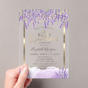 Watercolor Lavanda,String Lights Quinceanera Acrylic Invitations