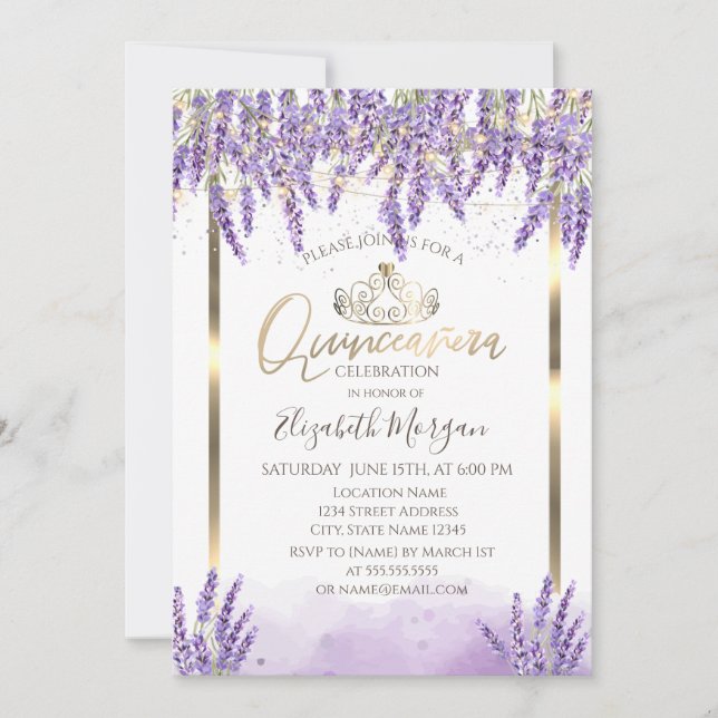 Watercolor Lavanda,String Lights Quinceanera Invitation (Front)