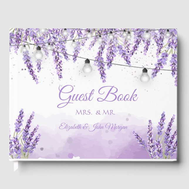 Watercolor Lavander String Lights Guest Book (Front)