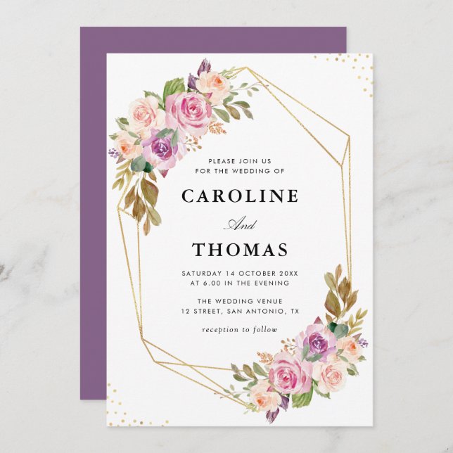 watercolor Lavender and blush geometric wedding Invitation (Front/Back)