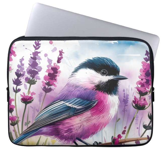 Watercolor Lavender and Chickadee Laptop Sleeve (Front)