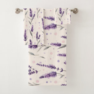 Watercolor lavender and dots design bath towel set