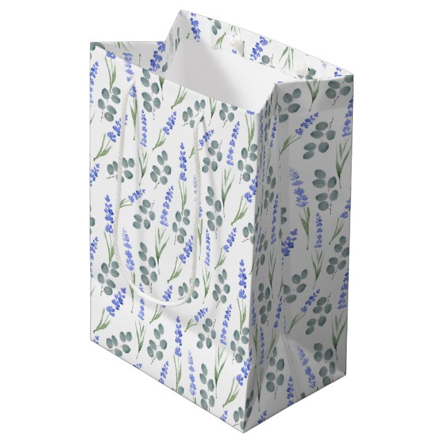 Watercolor Lavender and Eucalyptus Pattern Medium Gift Bag (Front Angled)
