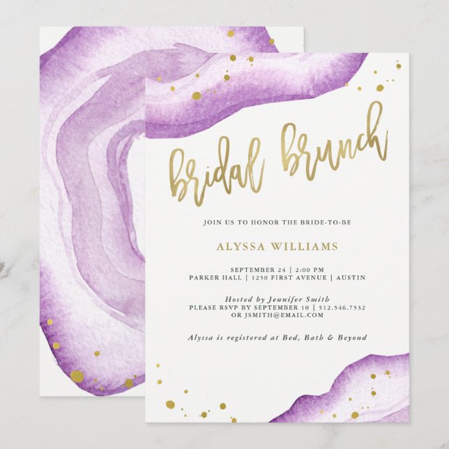 Watercolor Lavender and Gold Geode Bridal Brunch Invitation (Front/Back)