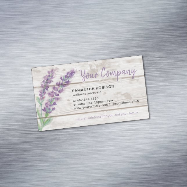 Watercolor Lavender and Wood Essential Oil Magnetic Business Card (In Situ)
