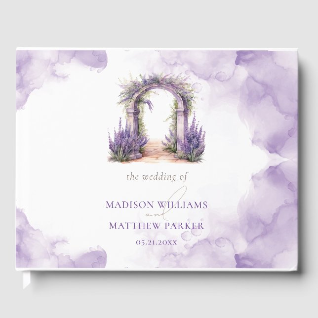 Watercolor Lavender Arch Garden Wedding Guest Book (Front)