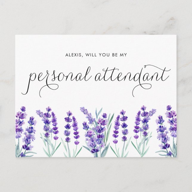 Watercolor Lavender Be My Personal Attendant Invitation Postcard (Front)