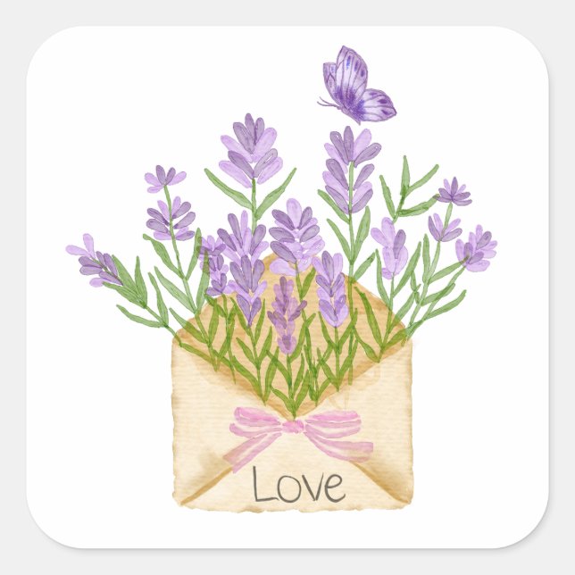 Watercolor Lavender Bouquet in Envelope Square Sticker (Front)