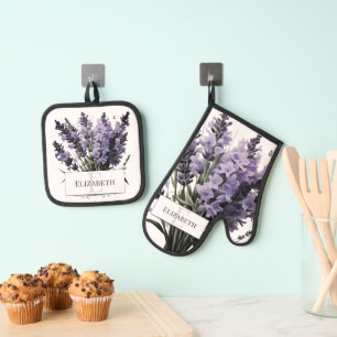 Watercolor Lavender Bouquet Personalised Oven Mitt & Pot Holder Set