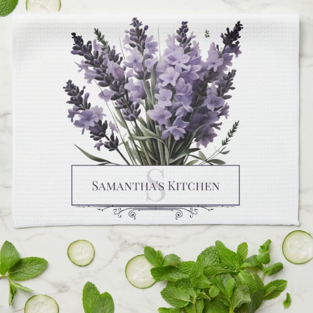 Watercolor Lavender Bouquet Personalised Tea Towel (Folded)