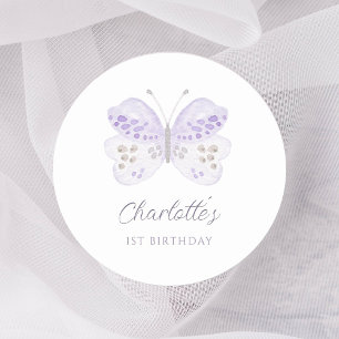 Watercolor Lavender Butterfly 1st Birthday Party Classic Round Sticker