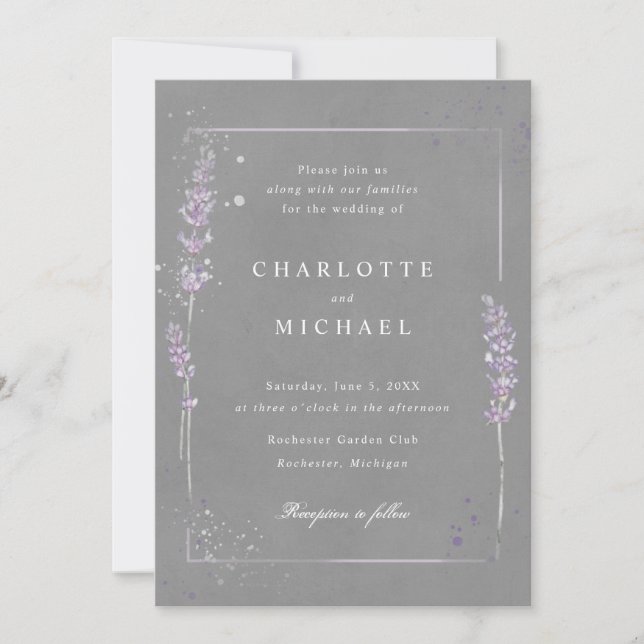 Watercolor lavender elegant grey wedding invitation (Front)